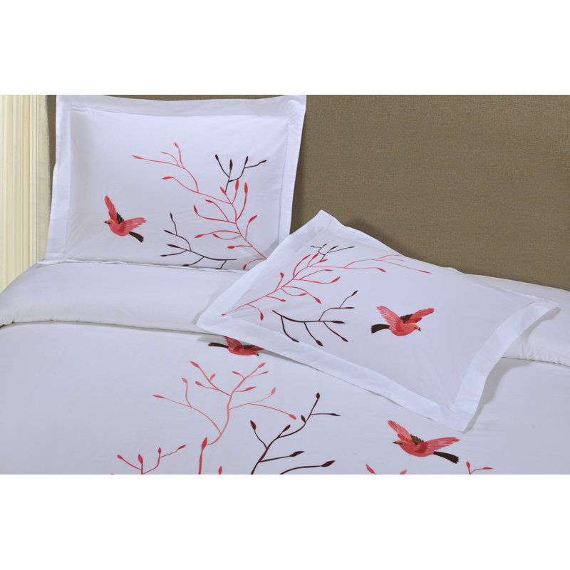 Superior Swallow 100% Cotton Embroidered Duvet Cover with 2 Pillow Shams, Full/Queen Duvet Cover + 2 Shams, Red