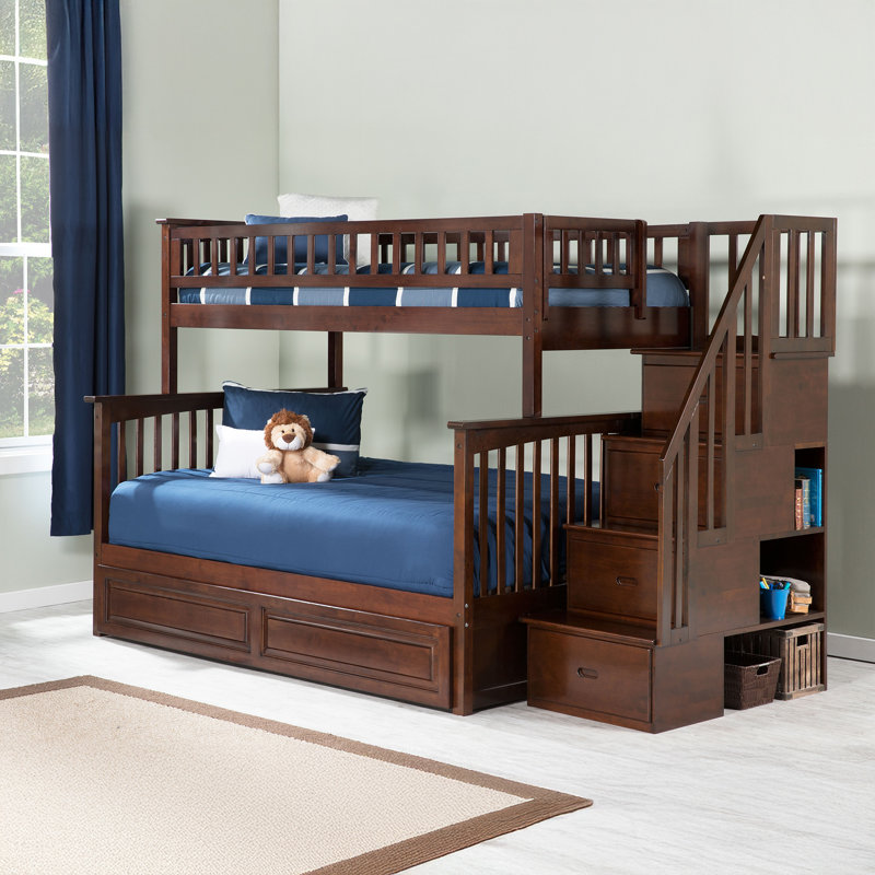 Blaisdell Solid Wood Storage Staircase Bunk Bed with Raised Panel Roll Out Trundle, Twin over Full, Walnut