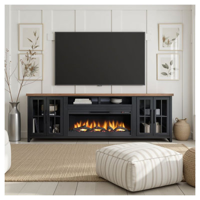 Meuble télé 97 po avec foyer électrique 97 po pour téléviseur de 100 po ou moins, en bois de peuplier noir avec télécommande