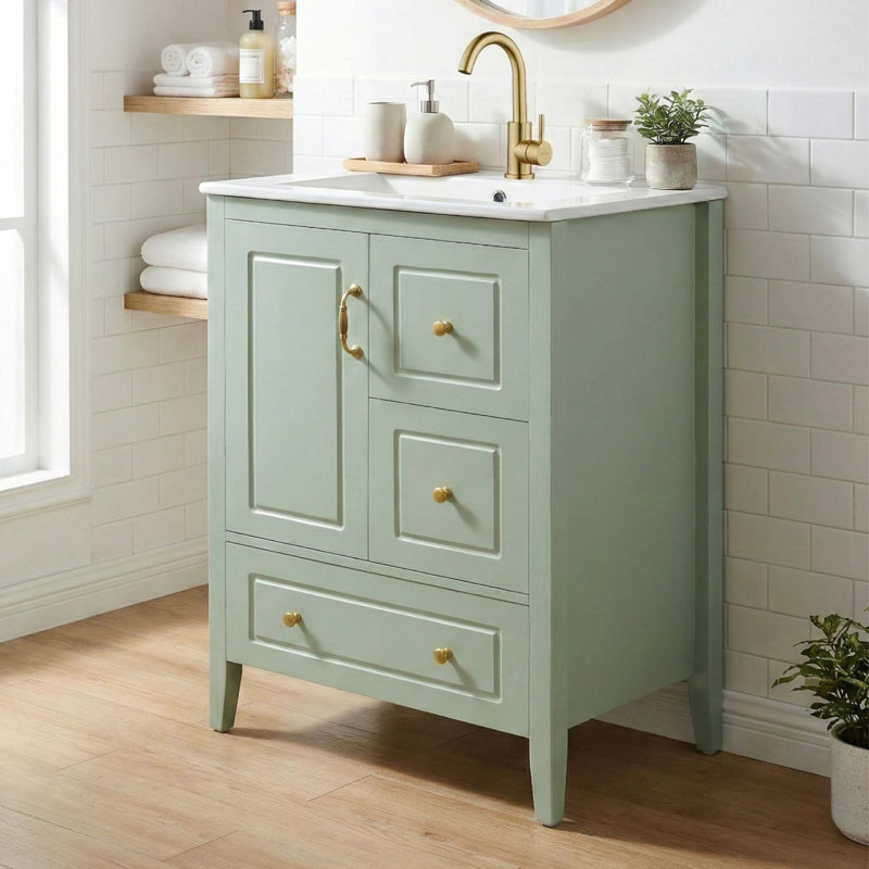 Meuble-lavabo autoportant rétro avec lavabo intégré et rangement à fermeture en douceur