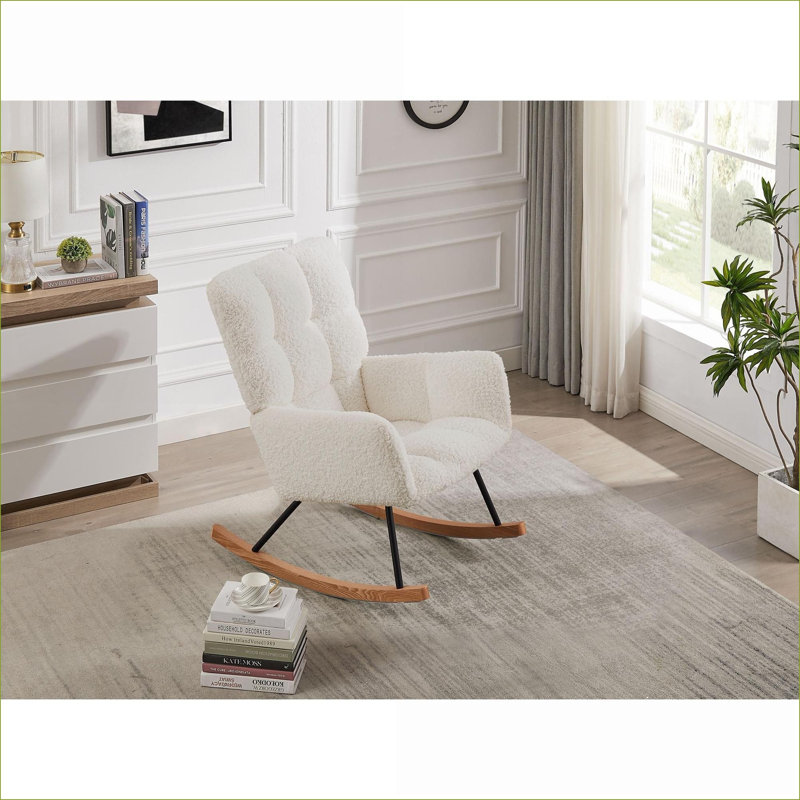Chaise longue berçante rembourrée blanc cassé avec dossier haut pour l'allaitement, la lecture et la sieste