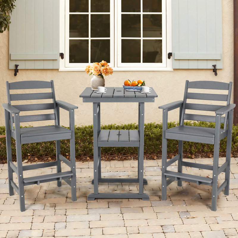 3 Piece Outdoor Adirondack Bar Chairs And Table, Gray