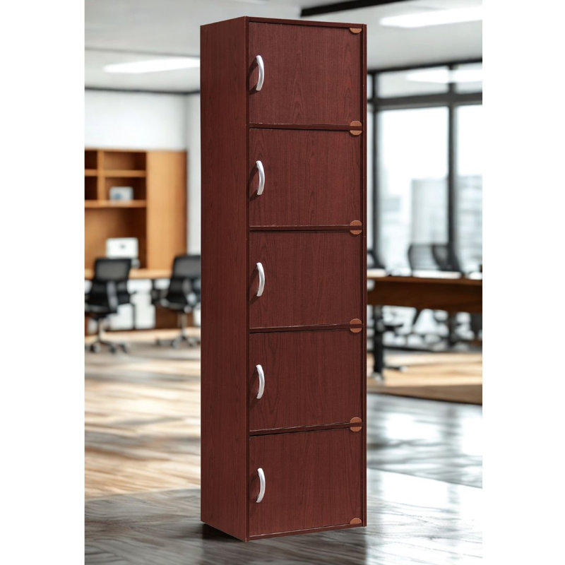 5-Doors, 5-Shelf Bookcase 59 in. Tall Enclosed Storage 5-Tier Bookshelf for Home or Office, Mahogany