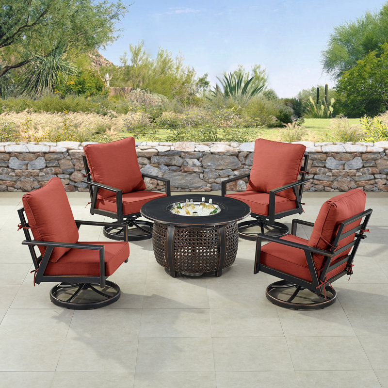 Ensemble de table de foyer en aluminium noir avec quatre fauteuils club, Rouge