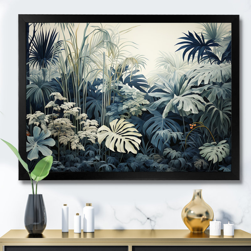 Décoration murale jungle blanche et bleue - Forêt, Cadre simple noir, H 24 po x l 32 po x P 1 po