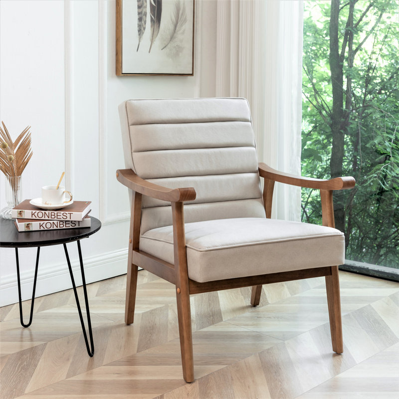 Fauteuil d'appoint Mid-Century moderne, structure en bois massif avec accoudoirs en microfibre d'aspect cuir, Beige