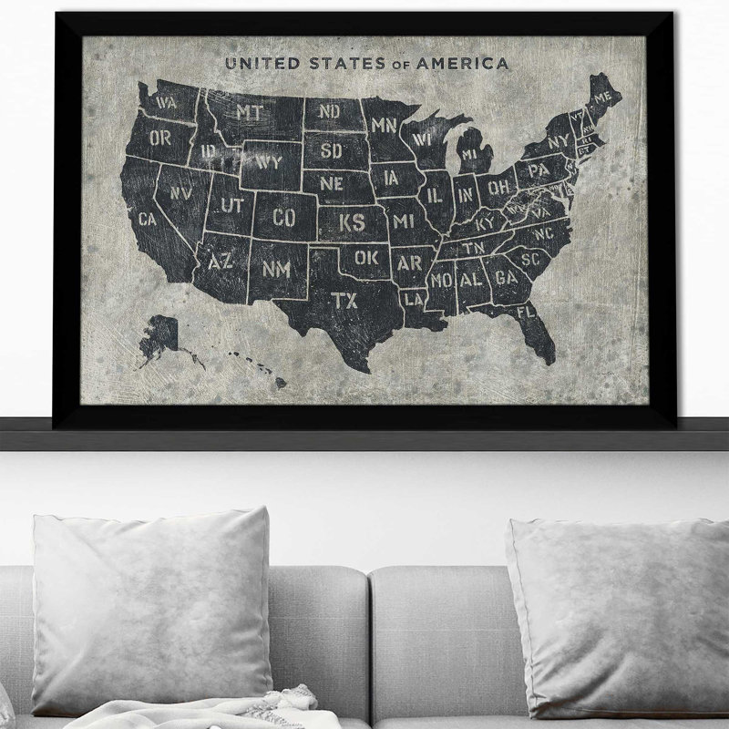 Carte grunge des États-Unis - impression, H 33,5 po x l 49,5 po x P 1 po, Cadre noir