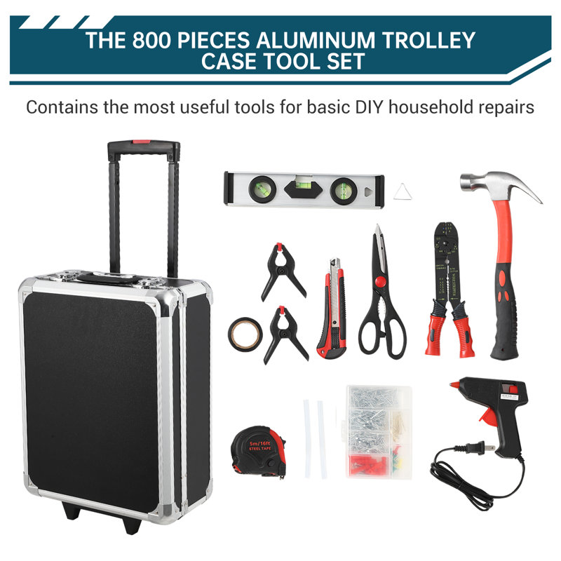 Mechanics Tool Set with Rolling Tool Box | Aluminium Trolley Case, Household Repair Kit with Hammer, Wrench & Hand Tools for Home, Garage & DIY