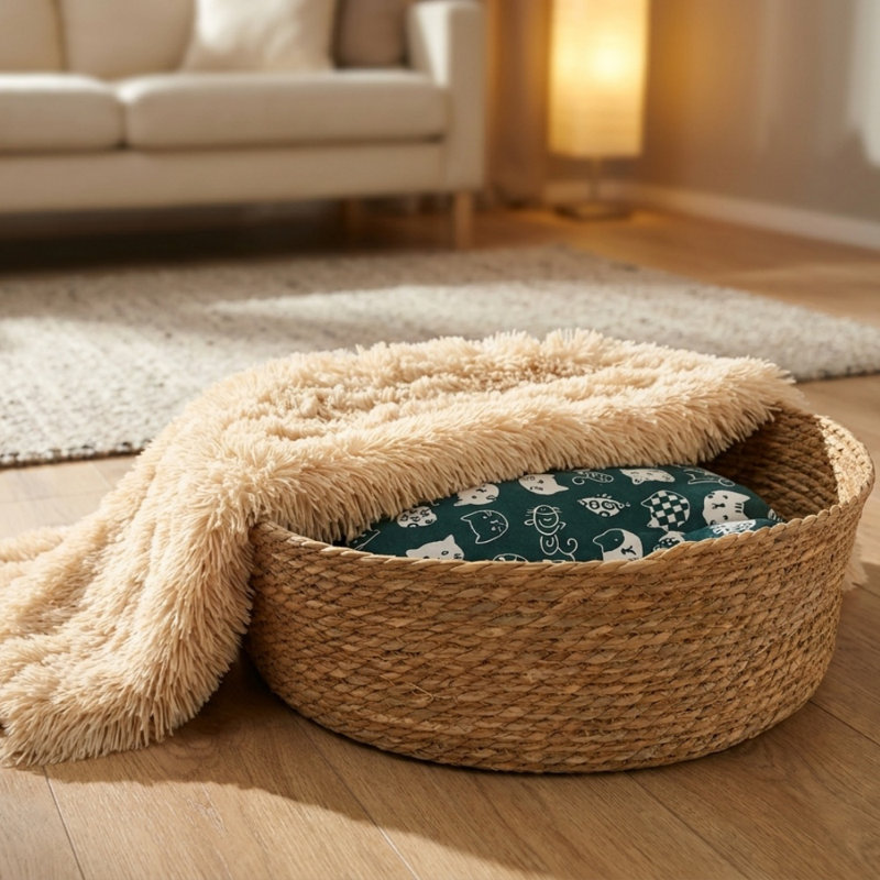 Natural Typha Orientalis Woven Pet Bed Set With Washable Cushion & Warm Blanket For Small Medium Pets,3-in-1 Washable&Breathable Cat Bed Set
