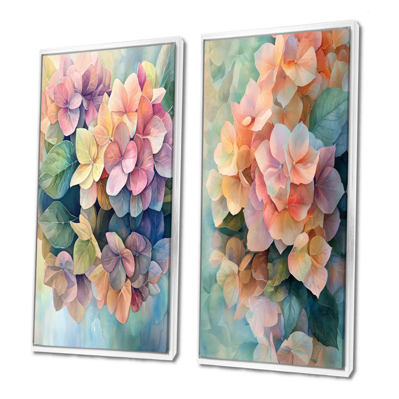 Hydrangées abstraites, été, réflexion I - impressions sur toile florales, 2 pièces, H 40 po x l 41 po, Cadre flottant blanc