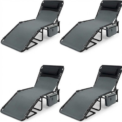 Folding Tanning Chairs Set of 4 – Adjustable Reclining Chaise Lounge with Pillow & Side Pocket – Portable Steel Beach Chair for Pool, Patio, Camping & Backyard, Gray