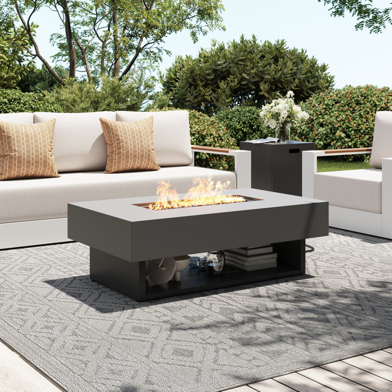 Outdoor Rectangular Steel Fire Pit Table With Hidden Fuel Tank, Dark Gray