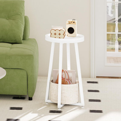 Petite table d'appoint ronde à 2 niveaux avec panier de rangement en tissu, table de bout et table de chevet