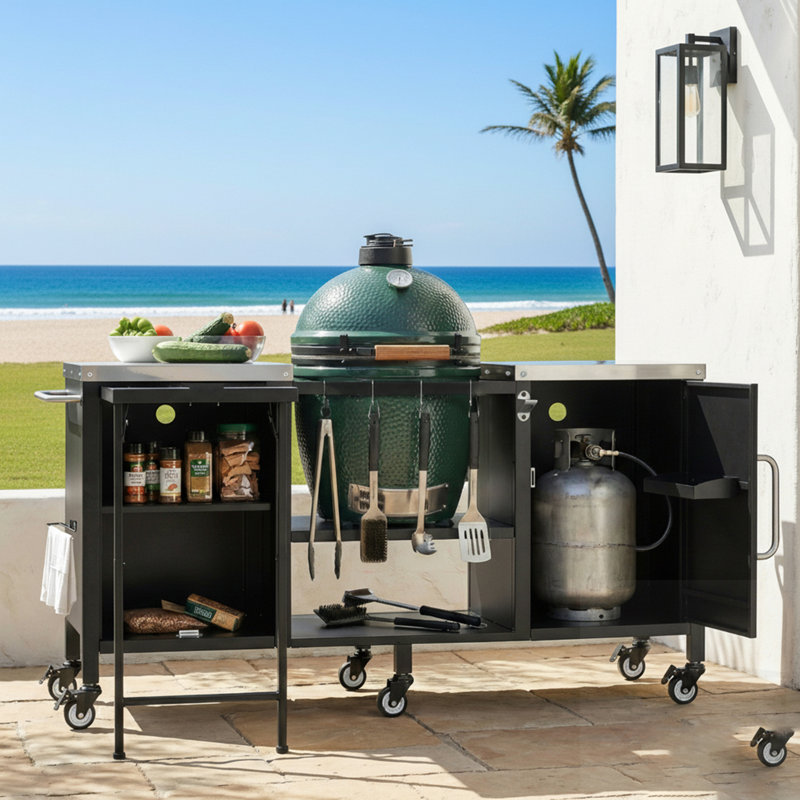 Chariot de barbecue extérieur en métal durable avec tablettes réglables, table de préparation escamotable et grand espace de rangement pour un gros œuf vert