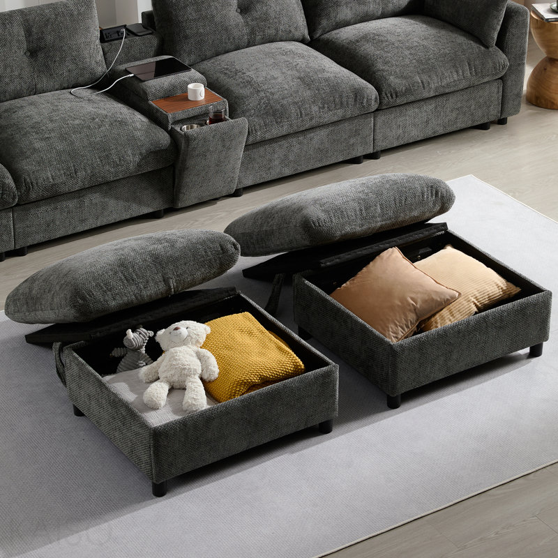 [Vidéo] Canapé modulaire modulaire de 136 po avec console, porte-gobelet, chargeur USB, repose-pieds de rangement mobile, conception à tirette et capitonnée, canapé en chenille surdimensionné en forme de U pour salon et appartement, 2 couleurs