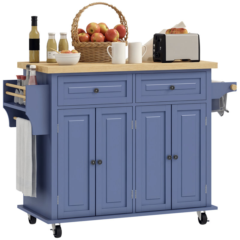 Kitchen Island on Wheels, Rolling Cart with Rubberwood Top, Spice Rack, Towel Rack and Drawers for Dining Room, Navy Blue