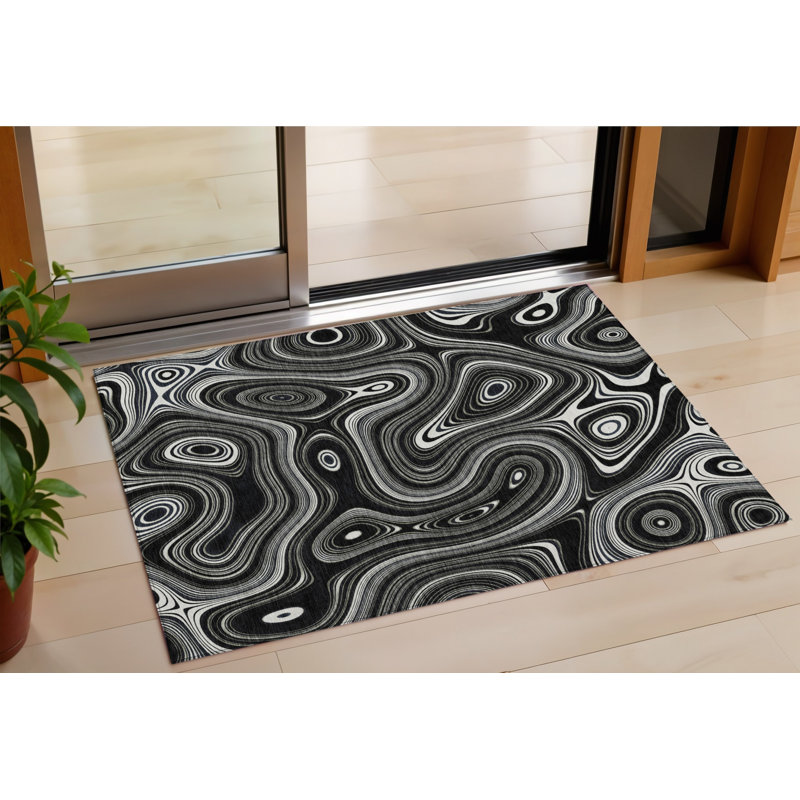 3' X 5' Black And Ivory Geometric Washable Indoor Outdoor Area Rug