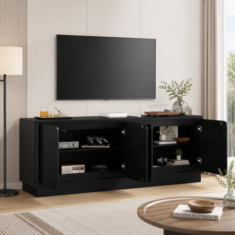 Meuble télé 63 pouces Mid-Century pour téléviseur de 70 po ou moins, console multimédia avec 4 portes, tablettes réglables et gestion des câbles