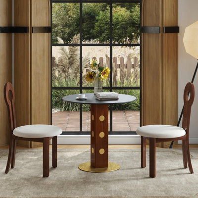 Modern 33.5" Sintered Stone 2 - Person Table With Wooden Leg And Gold Base, Suitable For Small Dining Areas, Scratch Round In Space, Build, 150lbs Support