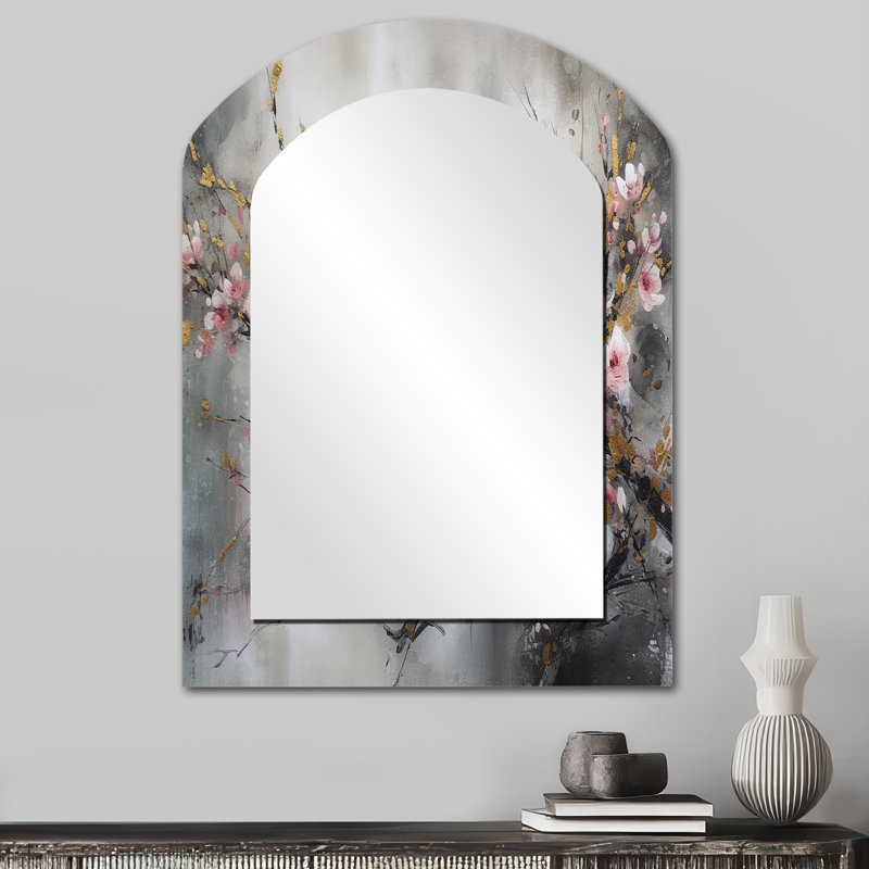 Orchidée rose, forêt florale - miroir en forme d'arche d'arbre floral, miroir mural asymétrique rose unique, 34 po x 25 po