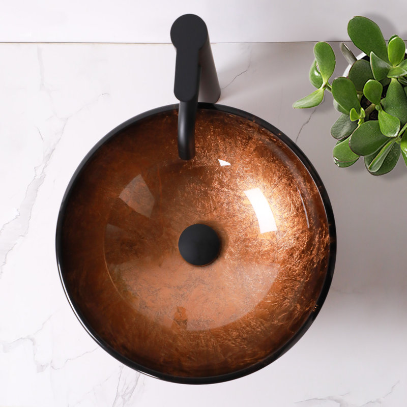 15 1/2" Circular Glass Bathroom Sink Above-Counter Tempered Glass Vessel Sink with Pop-Up Drain, Brown
