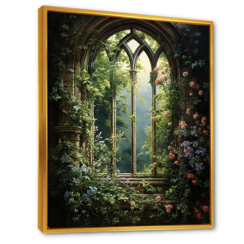 Art floral mural fenêtre gothique floral, Cadre flottant doré, H 32 po x l 24 po x P 1 po