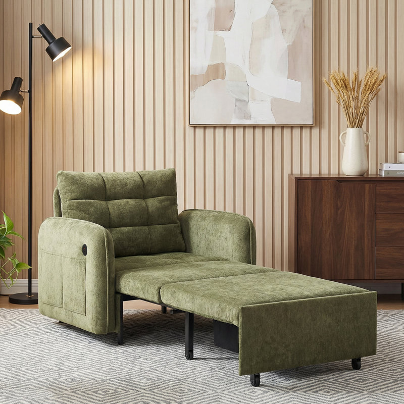 3-in-1 Sleeper Chair Bed, 80" Extra Long Pull Out Sleeping Lounge With Charging, Green