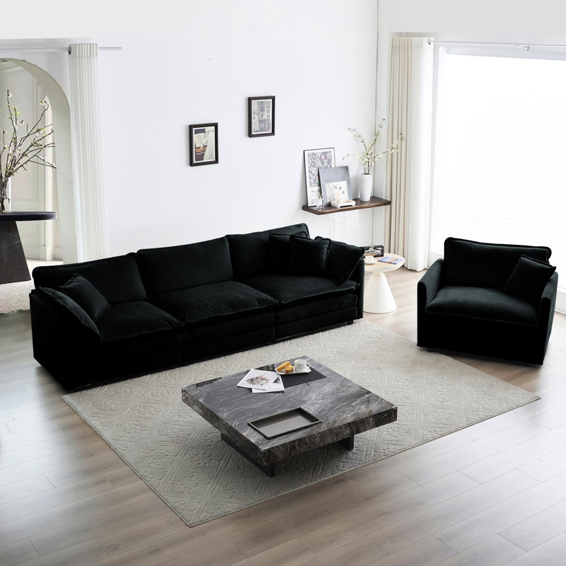 1 + 1 + 3 sièges en noir - tissu chenille, base, éponge, pour espace de vie 3 places en chenille, fabrication de qualité, chambre à coucher confortable