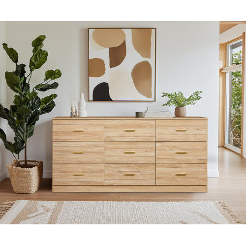 Commode de chambre moderne à 9 tiroirs - Commode spacieuse avec rangement robuste et sécuritaire, Naturel