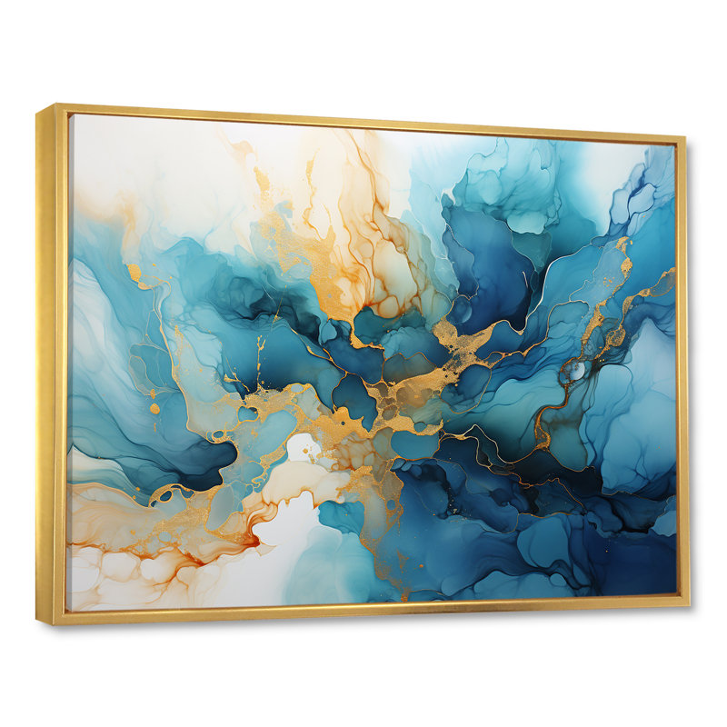 «Blue River», art mural bleu, Cadre flottant doré, H 16 po x l 32 po x P 1 po