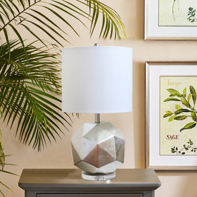 Lampe de table en métal argenté 1 lumière avec un abat-jour en lin blanc
