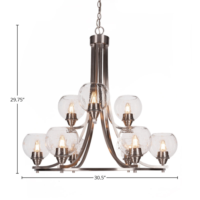 Lustre 9 lumières, H 29,75 po x l 30,5 po x P 30,5 po, Transparent, Nickel brossé