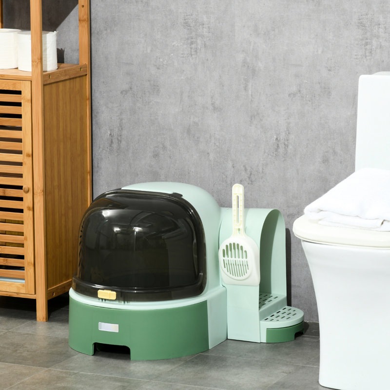 Bac à litière en plastique avec couvercle, couvercle avant ouvert pour le nettoyage, grande porte latérale pratique, plateau amovible pour arrêter le suivi, sécurité esthétique des capsules spatiales, contrôle des odeurs