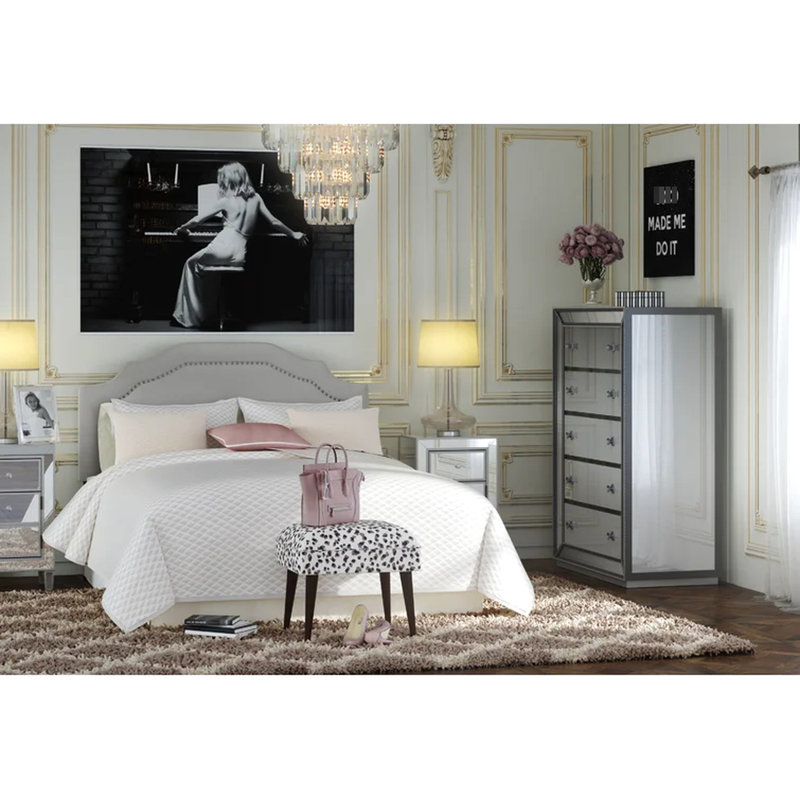 Headboard - Grey, Fabric Upholstered, Iron, Adjustable For Full & Queen Beds, 52.5" H X 63.09" W 3" D Covered, And