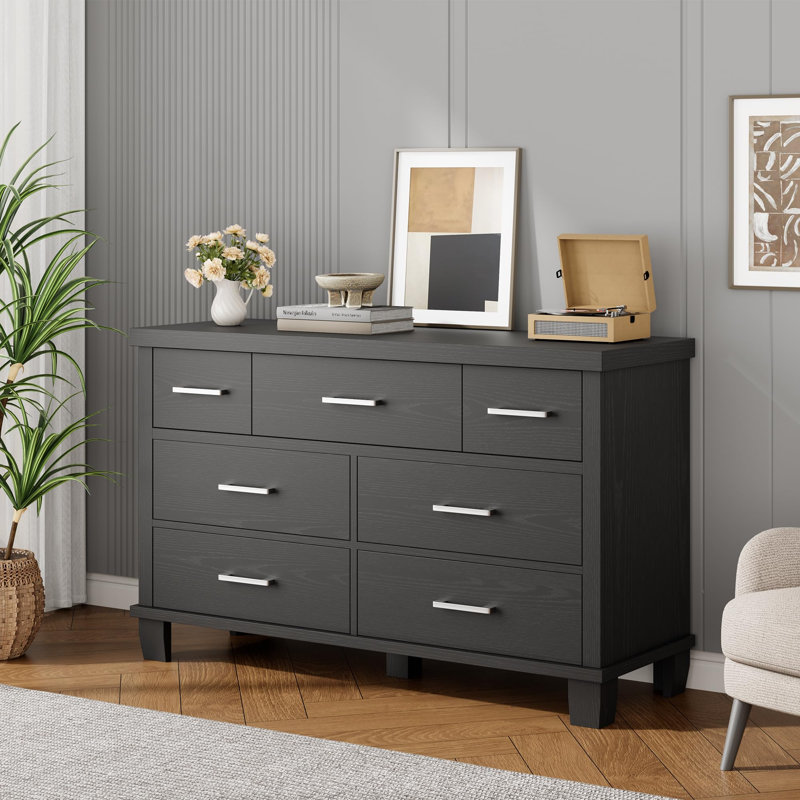 Commode pour chambre à coucher, commode 7 tiroirs moderne en bois, commode de 51 po de largeur, rangement en bois avec poignée en métal, noir, 2 colis