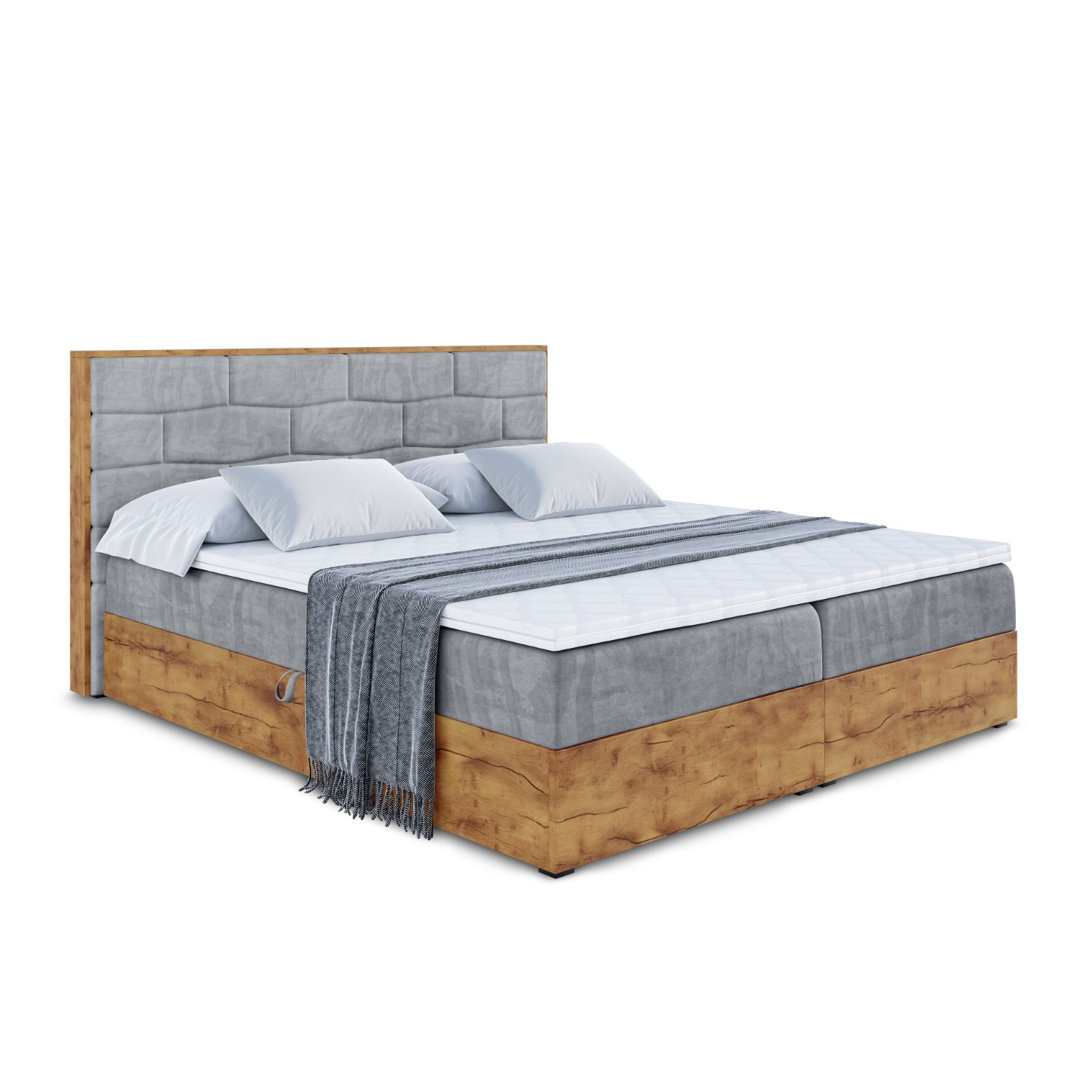 Boxspringbett in Holzoptik mit H3 Bonell-Federkernmatratze, Topper und Bettkasten