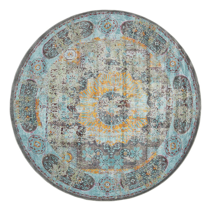 Tapis à motif oriental bleu clair Folmar, Rond 8 pi