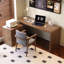 Bureaux en bois massif en L noyer-107434620
