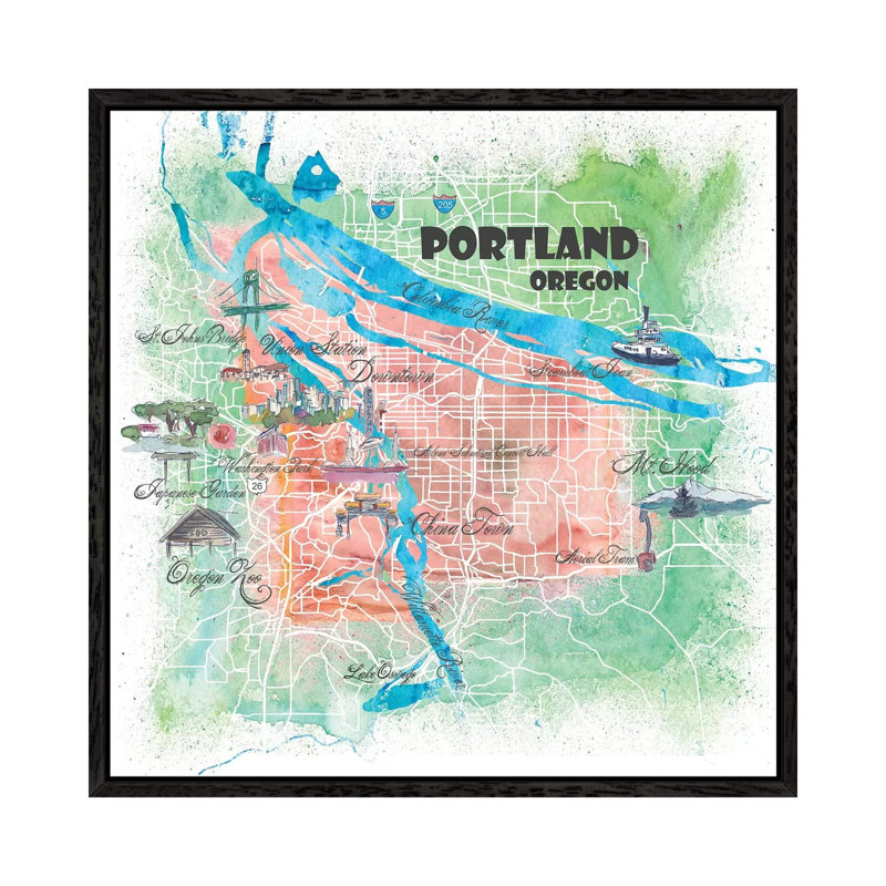Portland Oregon USA Illustrated Map by Markus & Martina Bleichner - Painting on Canvas, Black Floater Framed