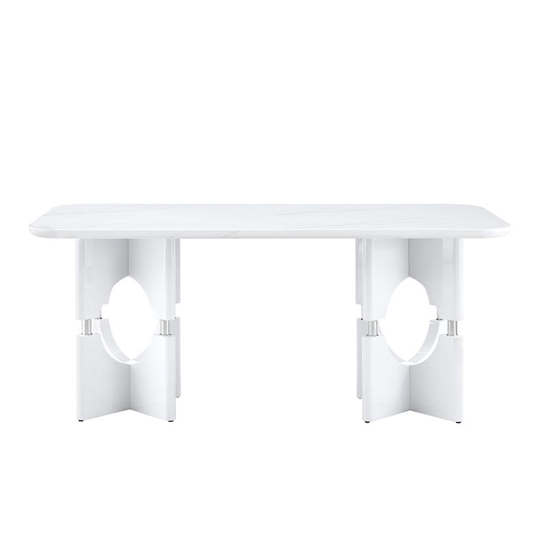 Table de salle à manger moderne en bois aggloméré avec motif en marbre blanc, structure creuse en métal élégante, convient aux tables de salle à manger compactes dans les petits espaces