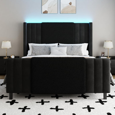 Cadre de lit grand avec tête de lit et pied de lit grand, cadre de lit rembourré en velours et grand lit avec lumières DEL, cadres de lit plateforme modernes, silencieux, assemblage facile, noir