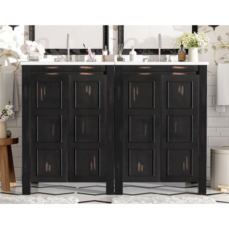 Ensemble de meuble-lavabo de style rétro avec deux lavabos séparés, deux lavabos en céramique, une tablette de rangement et des portes à fermeture en douceur