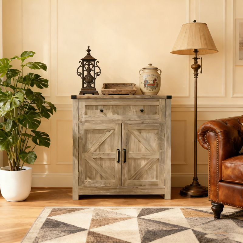 Farmhouse Barn-Door Storage Cabinet, Coffee Bar Buffet Sideboard With Drawer For Kitchen & Living Room, Light Gray