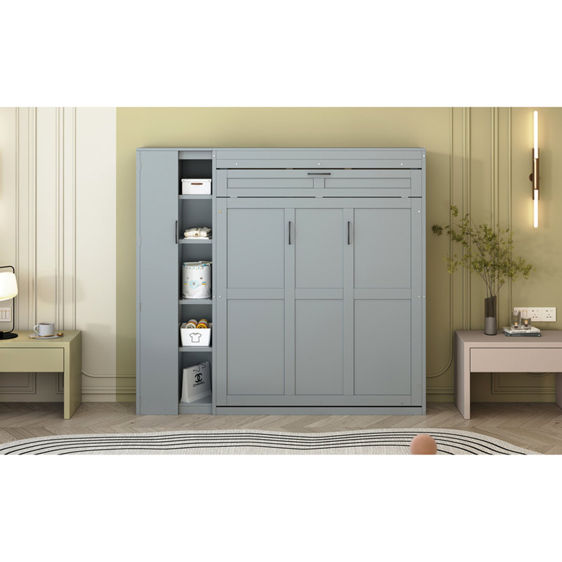 Lit avec tablettes, garde-robe, lumières à DEL - gris pour des espaces pratiques peu encombrants, Gris, Lit double