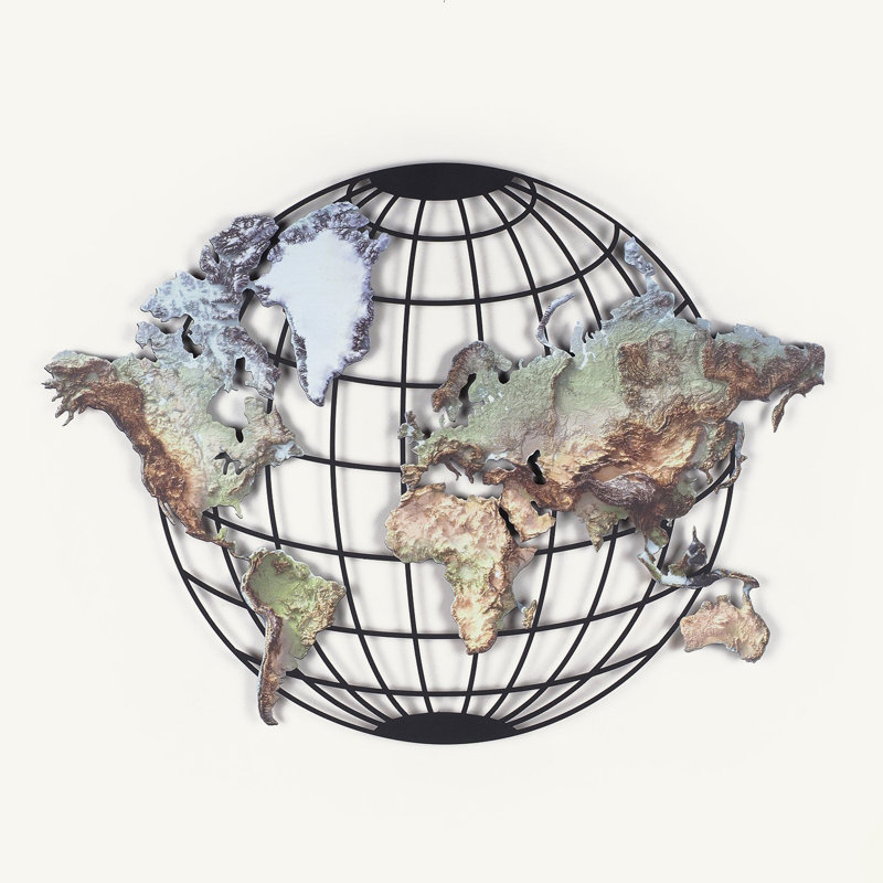 Carte topographique du monde en métal, art mural, H 14 po x l 19 po x P 1 po