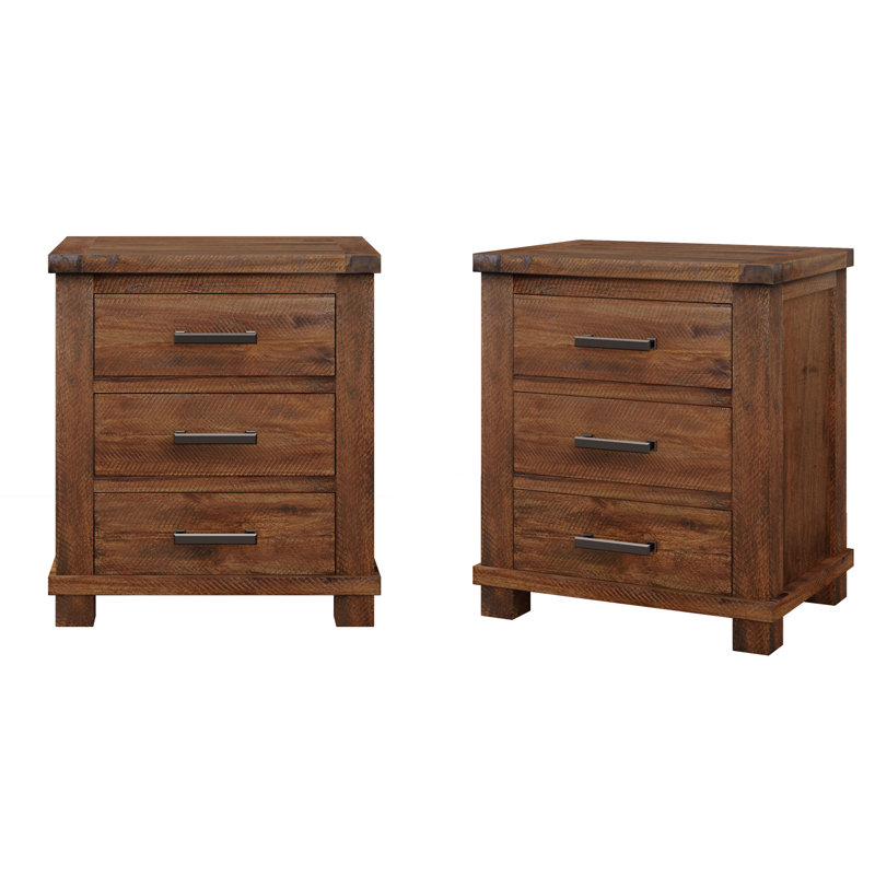 Ensemble de table de chevet rustique en bois massif récupéré à trois tiroirs Rustic