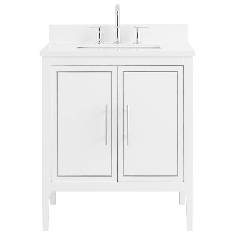 Meuble-lavabo simple autoportant 30 po Atia avec comptoir en quartz blanc pur et lavabo en céramique, Blanc / argenté, 30"