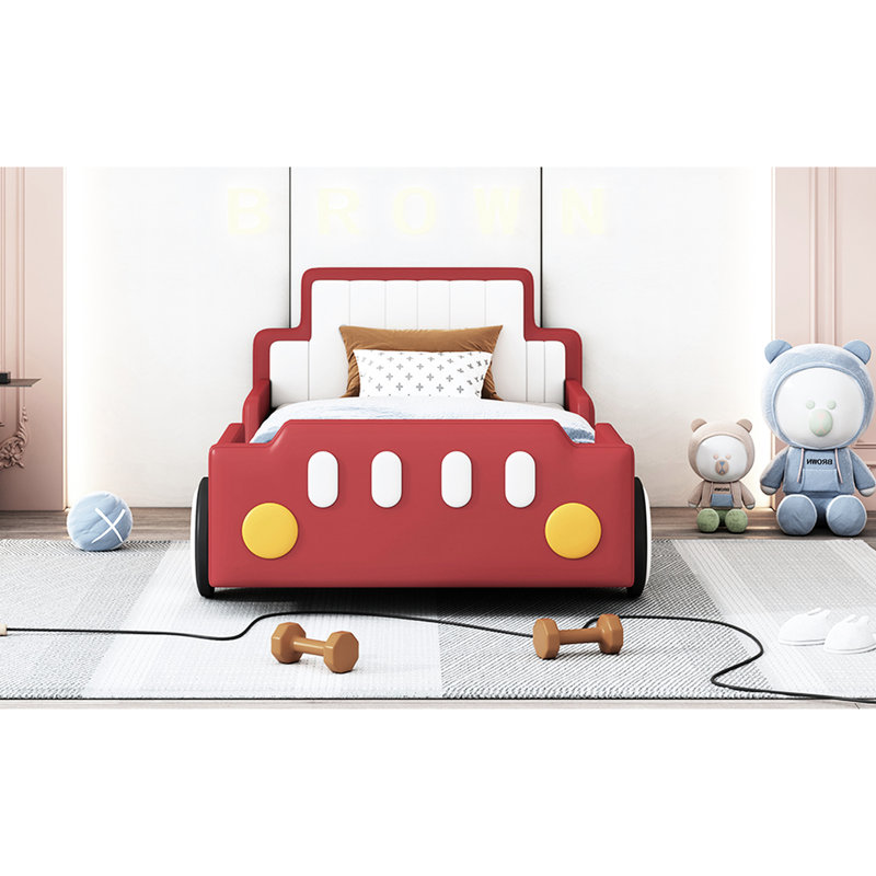 Lit plateforme simple en forme de voiture de course, roues rouges pour un mouvement sans effort avec des rails solides, assurant un maximum