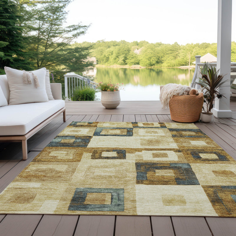 Beige Rectangular Synthetic Washable Indoor/Outdoor Rug 3' x 5'