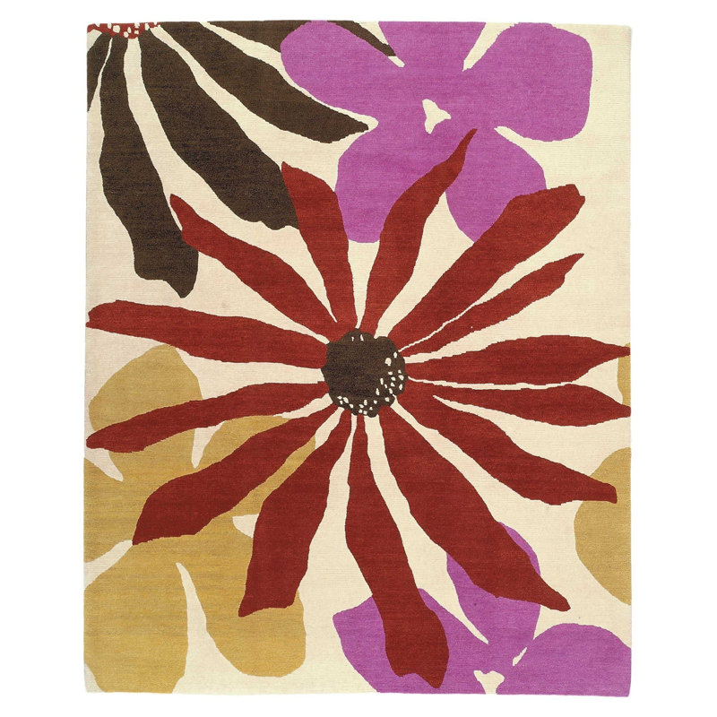 Wool Floral Area Rug in Beige/Purple/Red, Rectangle 3' x 5'